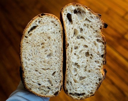 Interior shot of two loaves, one steamed one not